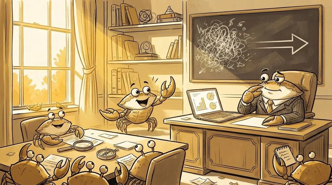 Ilustração de uma equipe ouvindo, debatendo e escolhendo um caminho claro